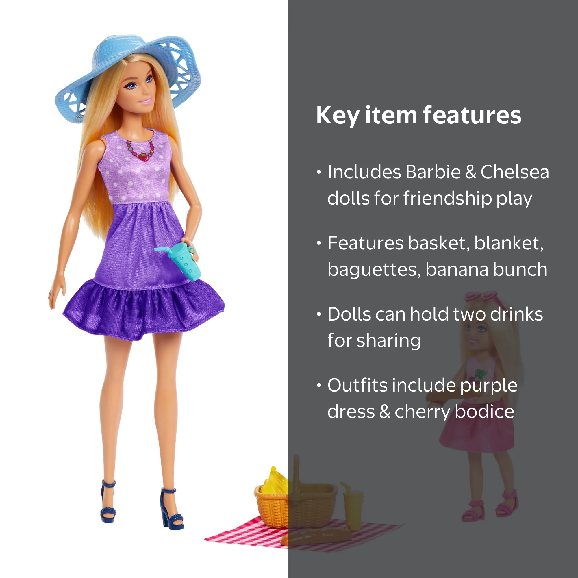 Barbie, Kids Doll Playset, Picnic-Themed with 2 Dolls + 9