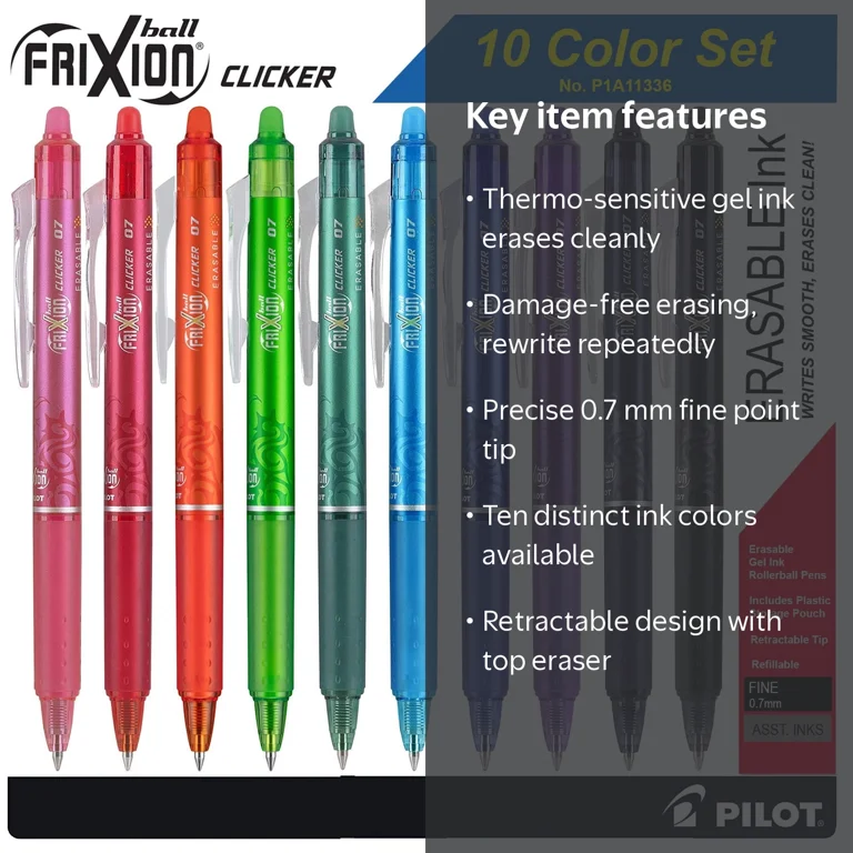 パイロットフライ　PILOT FRY Trveler Pilot FriXion Clicker Retractable Erasable Gel Ink Pens, 10 Pack