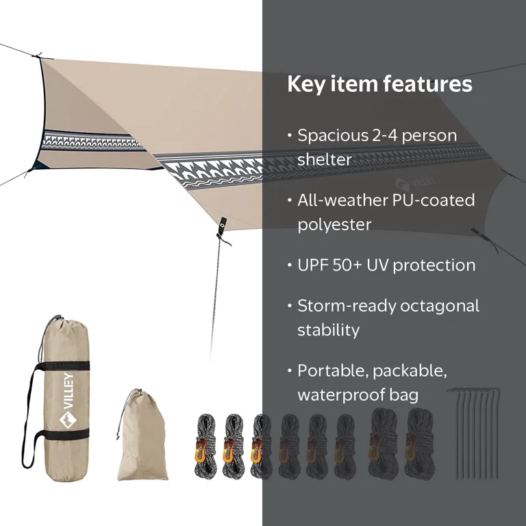 VILLEY, Camping Tarp, 10' x 11.5', Waterproof Rainfly for 2-4