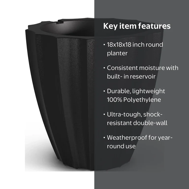 Sedona 18” x 18” x 18” Round Black Self Watering Plastic Planter