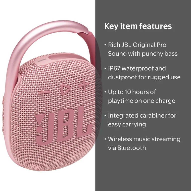 JBL Clip 4 Small, Loud Bass, Wireless BT Ultra-Portable Bluetooth