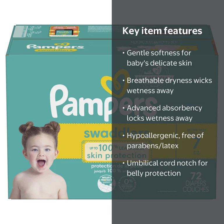 Pampers Swaddlers Diapers, Soft and Absorbent, Size 7, 72 Ct