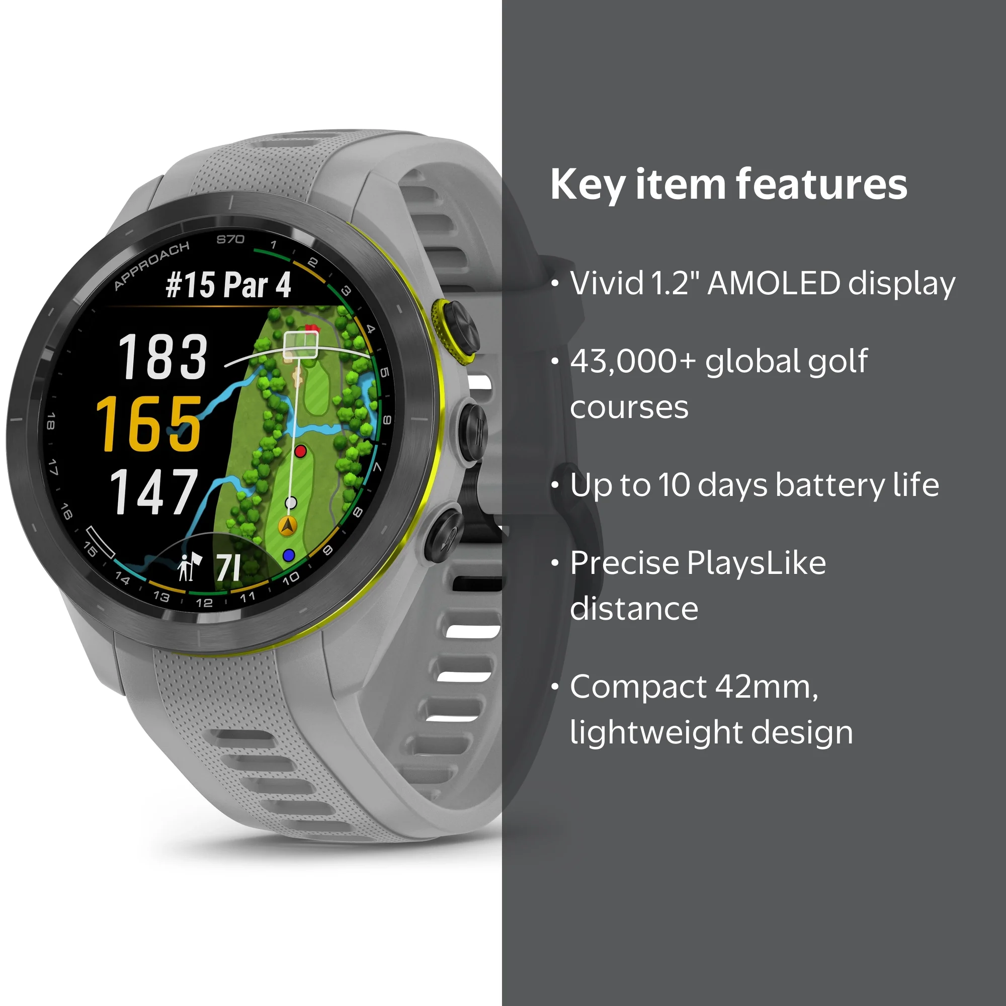 GARMIN, Golf GPS Watch, 42mm, Powder Gray, AMOLED Display