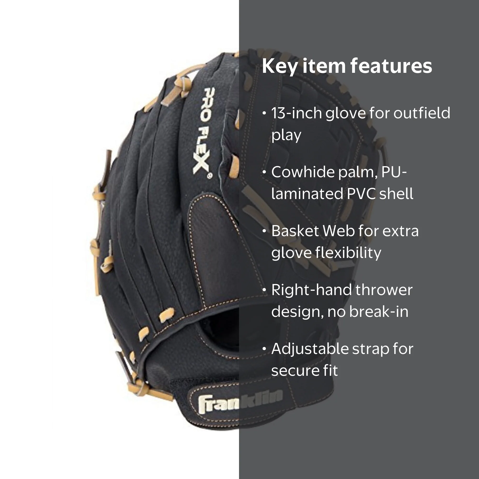 Franklin Sports ProFlex Adult Baseball Glove, 13 in, Camel, Right