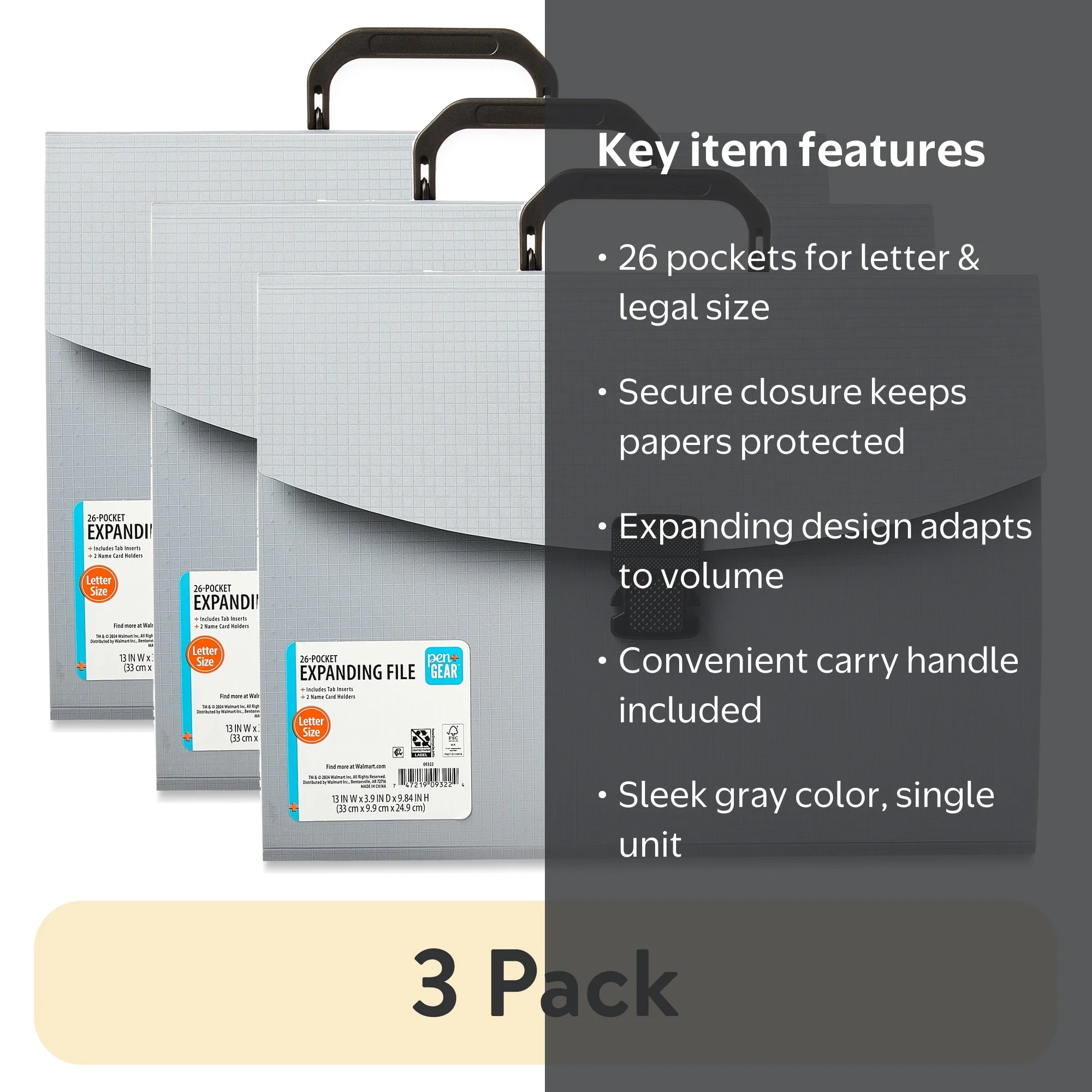 3 pack) Pen+Gear Expanding File Folder, 26 Pockets, Gray Color, 1