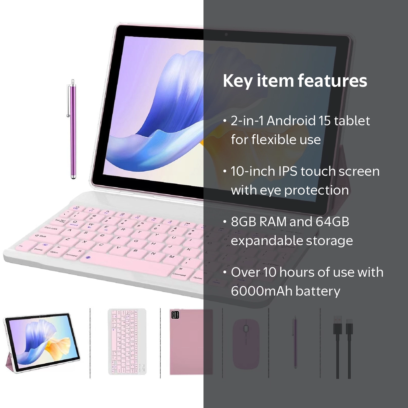 ZZB, Tablet with Keyboard and Stylus, 10.1 inch Pink Android