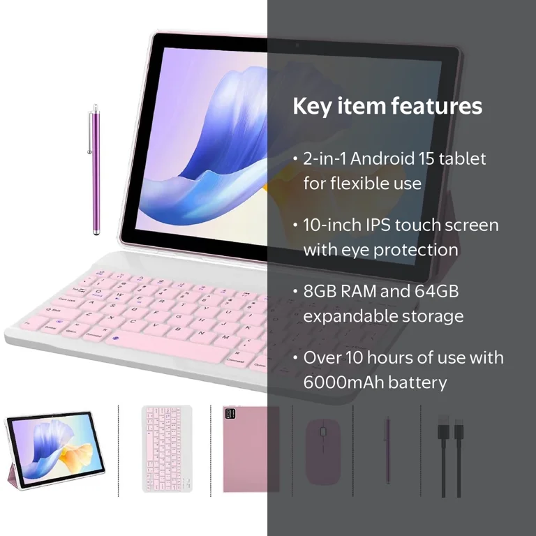 ZZB, Tablet with Keyboard and Stylus, 10.1 inch Pink Android