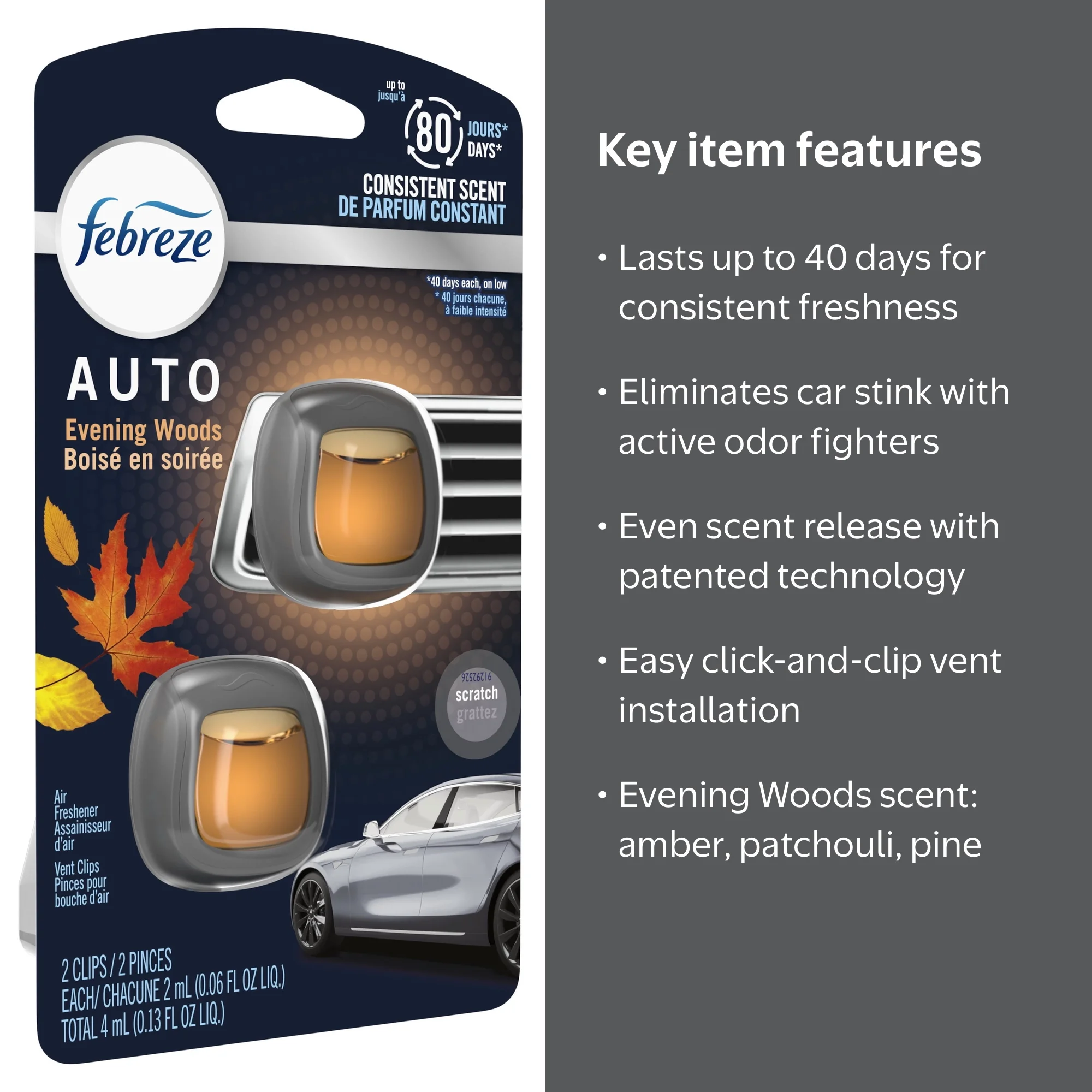 Febreze AUTO Air Freshener Vent Clip Evening Woods Scent, .06 oz Car Vent Clip, Pack of 2