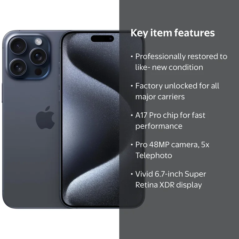 Restored iPhone 15 Pro Max, Fully Unlocked, 256GB Blue Titanium