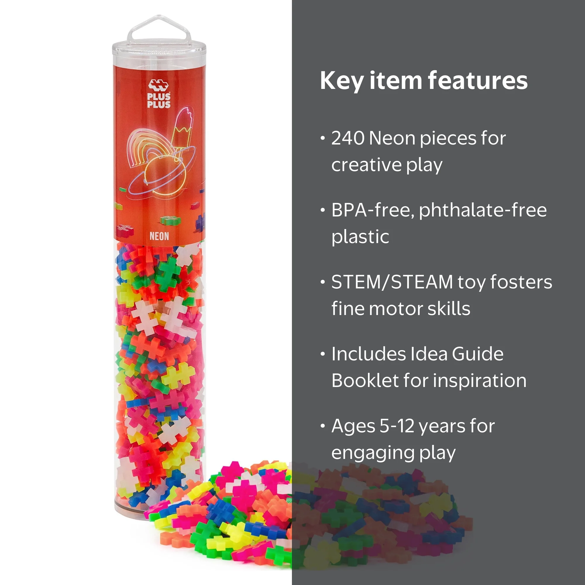Plus-Plus Creative Bricks - 240 pc Neon Mix Tube, STEM | STEAM Toy