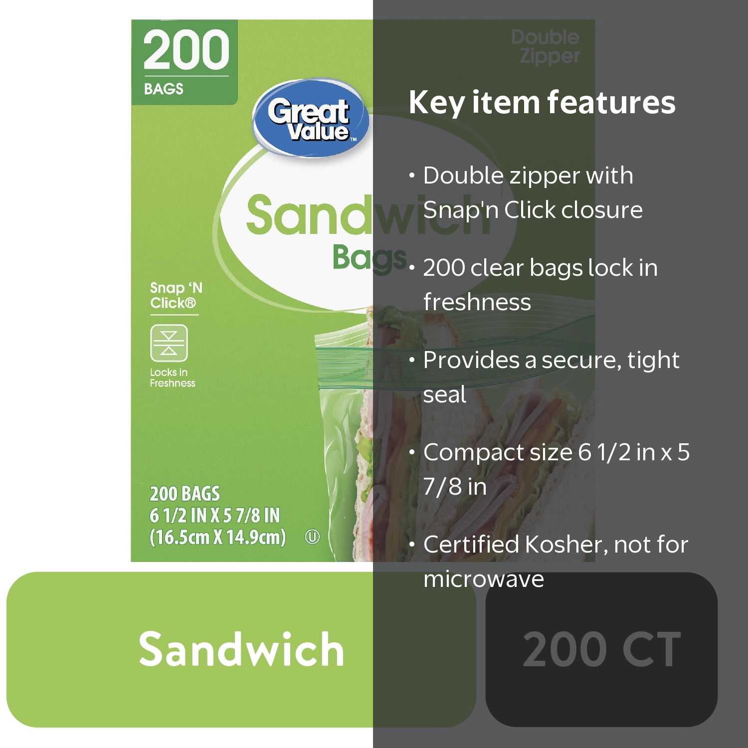 Great Value Double Zipper Sandwich Bags, 200 Count, 6.5x5.875 inch