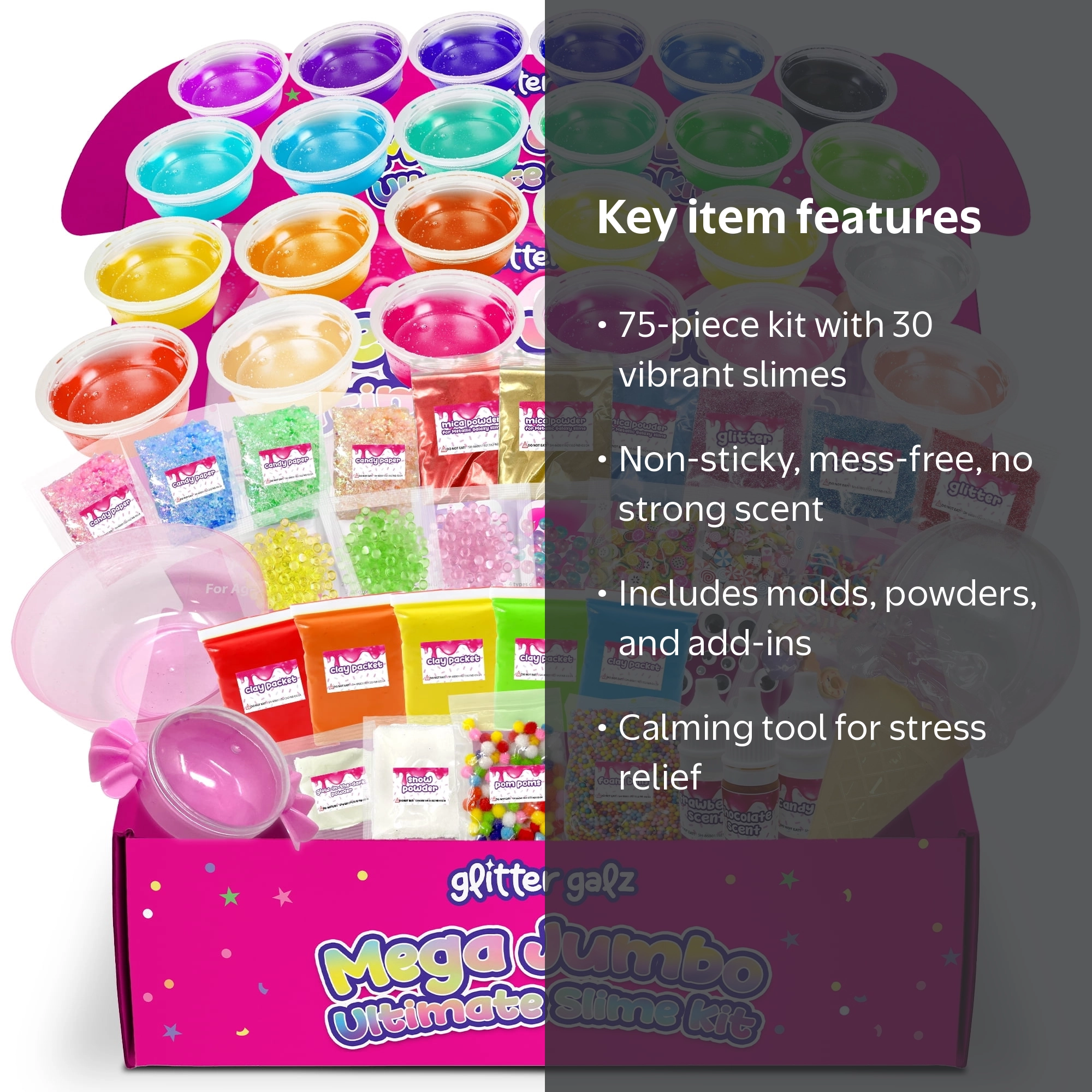 Glitter Galz, Jumbo Mega Slime Kit, 75 Pieces, Ready-Made Slimes