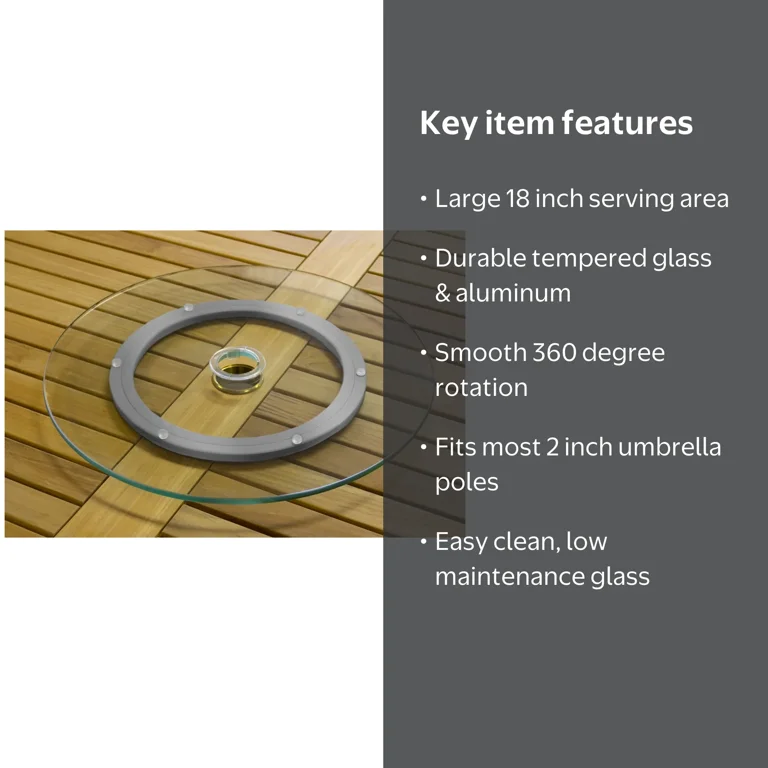 acrylic lazy susan for patio table with umbrella Tortuga Outdoor Silver Glass Outdoor Hole Simplify outdoor dining with the Silver 18 Inch Tempered Glass Lazy Susan by Tortuga Outdoor Tortuga Outdoor 18-Inch Tabletop Lazy