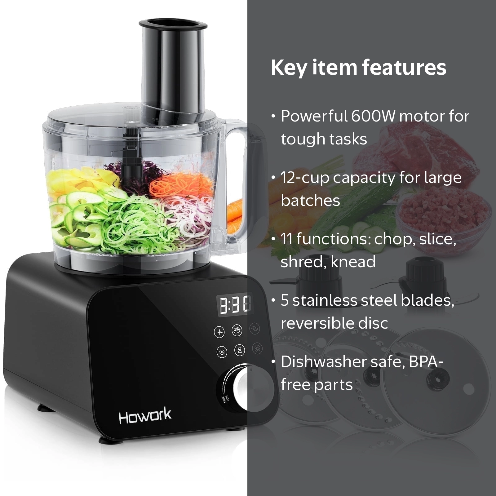 HOWORK Food Processor 12 Cup 600W, Multifunctional with 11