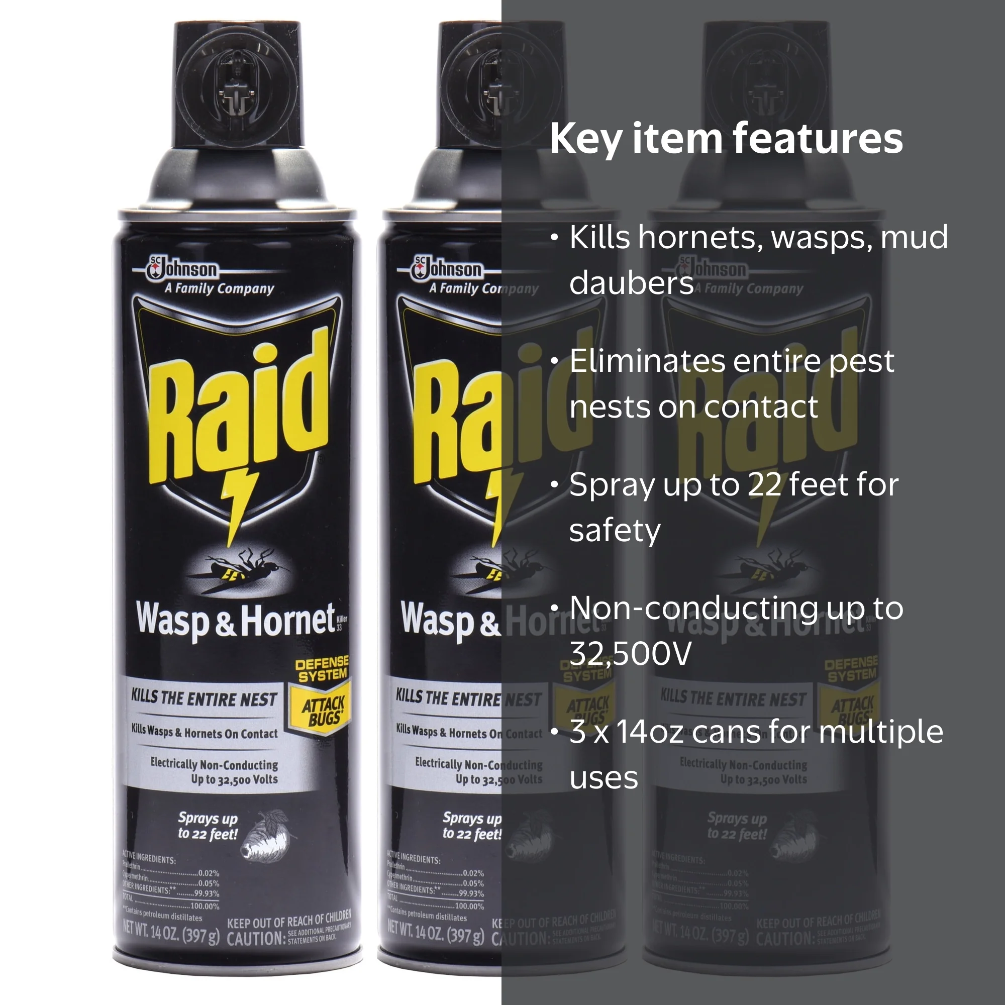 Raid, Wasp & Hornet Insect Killer 14 oz, 3pk, Outdoor Bug Spray
