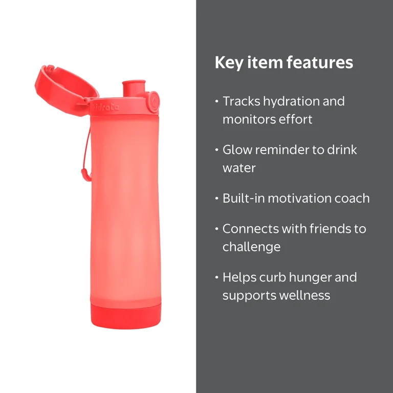 Hidrate Spark 3 Smart Drinking Bottle, Coral, Track Water Intake, Glow Reminder