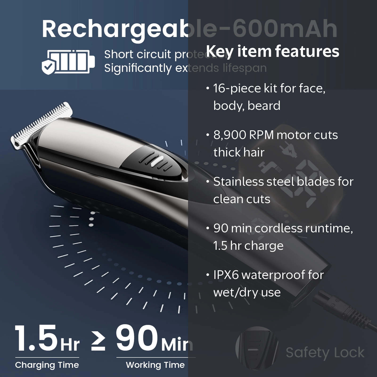 nogroa Hair Trimmer for Men, Cordless Waterproof Hair Clippers