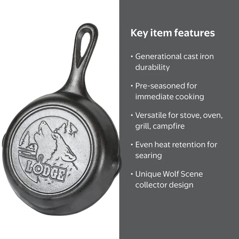 Lodge, Cast Iron Skillet, 6.5 inch, Wolf Scene, Wildlife Series
