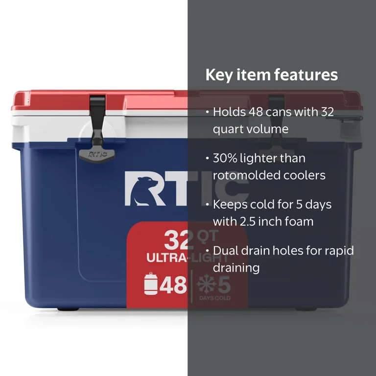 RTIC, Hard-Sided Ice Chest Cooler, 32 Qt fits 48 Cans, Ultra-Light