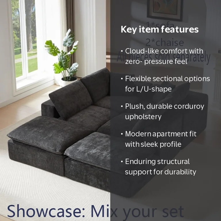 Miniyam 79 inch x 39 inch Black 2-Seater Sofa, Modular & Expandable to L-Shape or U-Shape with Optional Ottoman/Chaise
