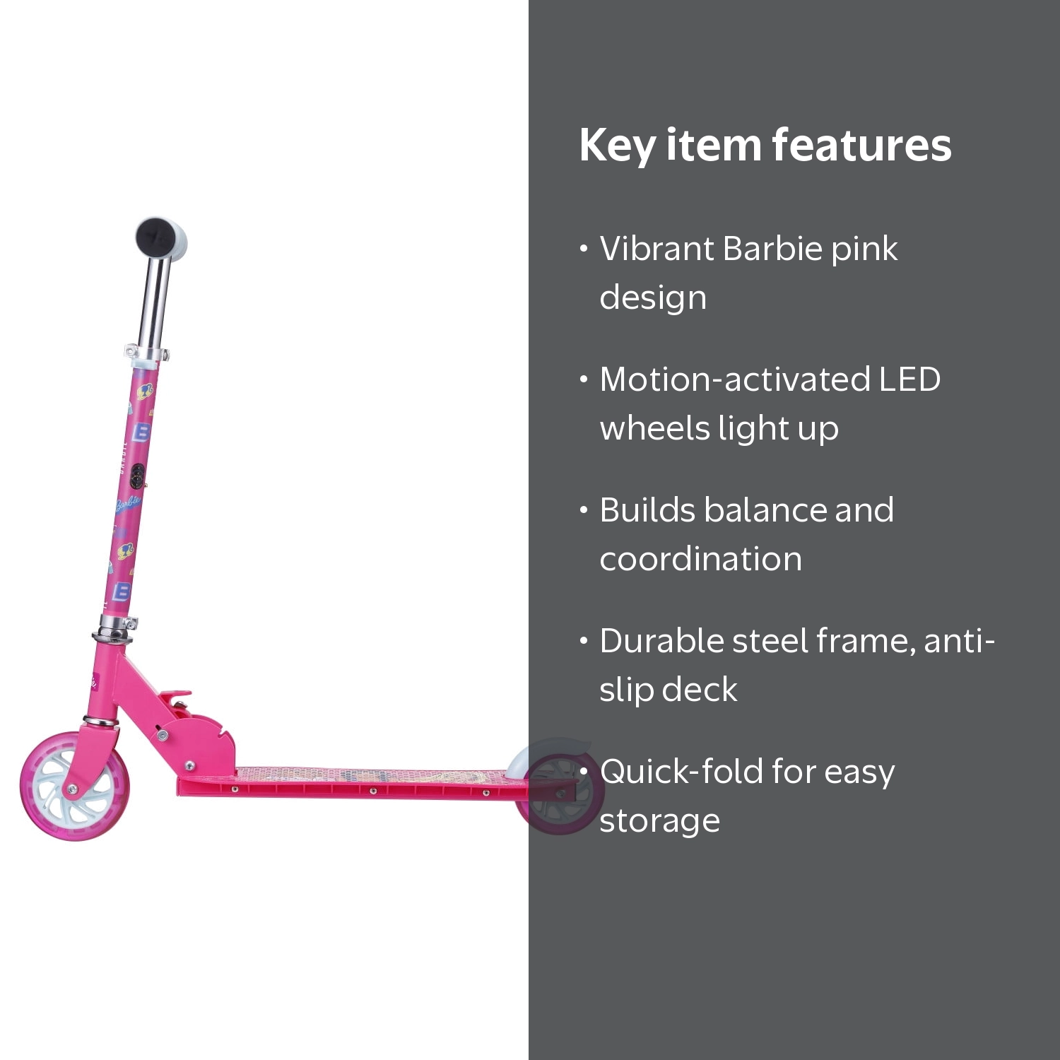 Barbie 2-Wheel Light-Up Kick Scooter for Kids, Pink, Foldable