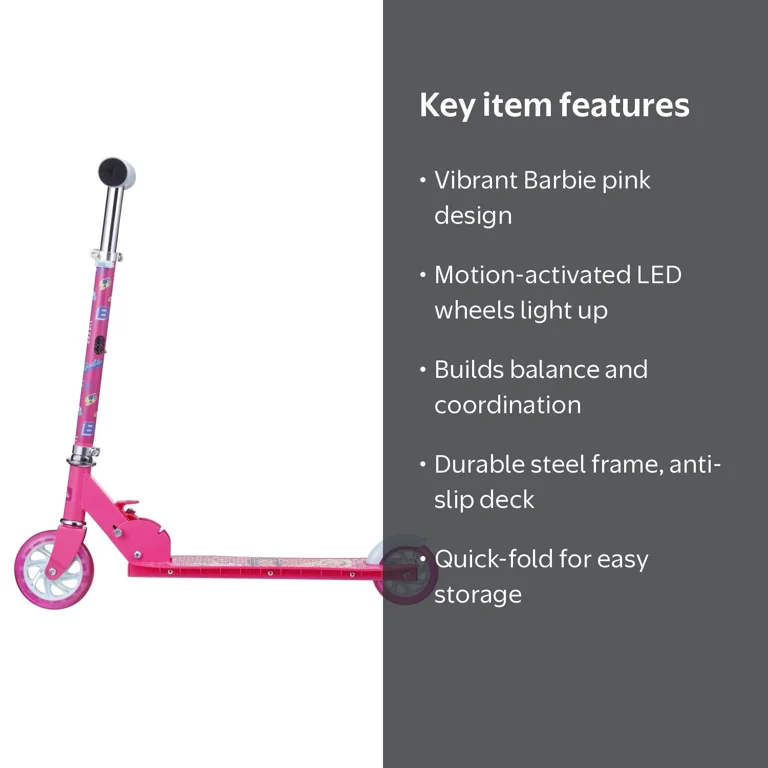 MABLI 小人 12M Barbie 2-Wheel Light-Up Kick Scooter for Kids, Pink, Foldable