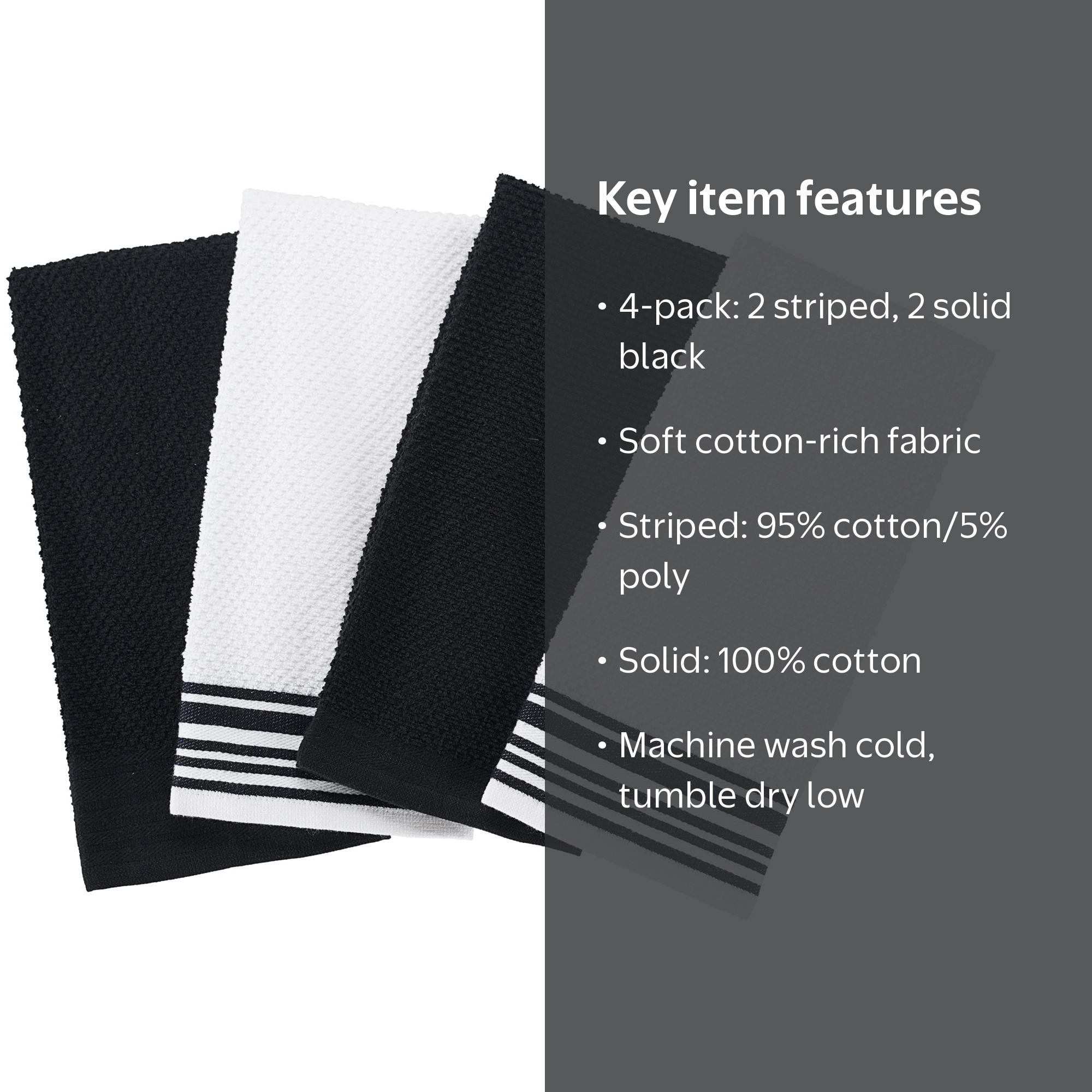 Mainstays 4-Pack 16 in x 26 in Woven Kitchen Towel Set, Black