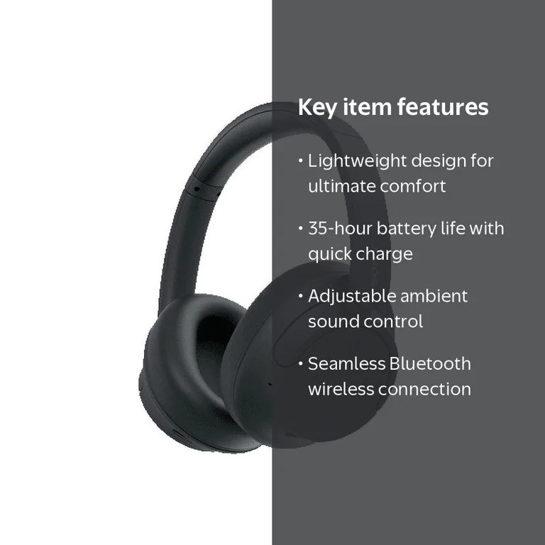 Sony, Noise Canceling Wireless Headphones, Black, Up to 35 Hours