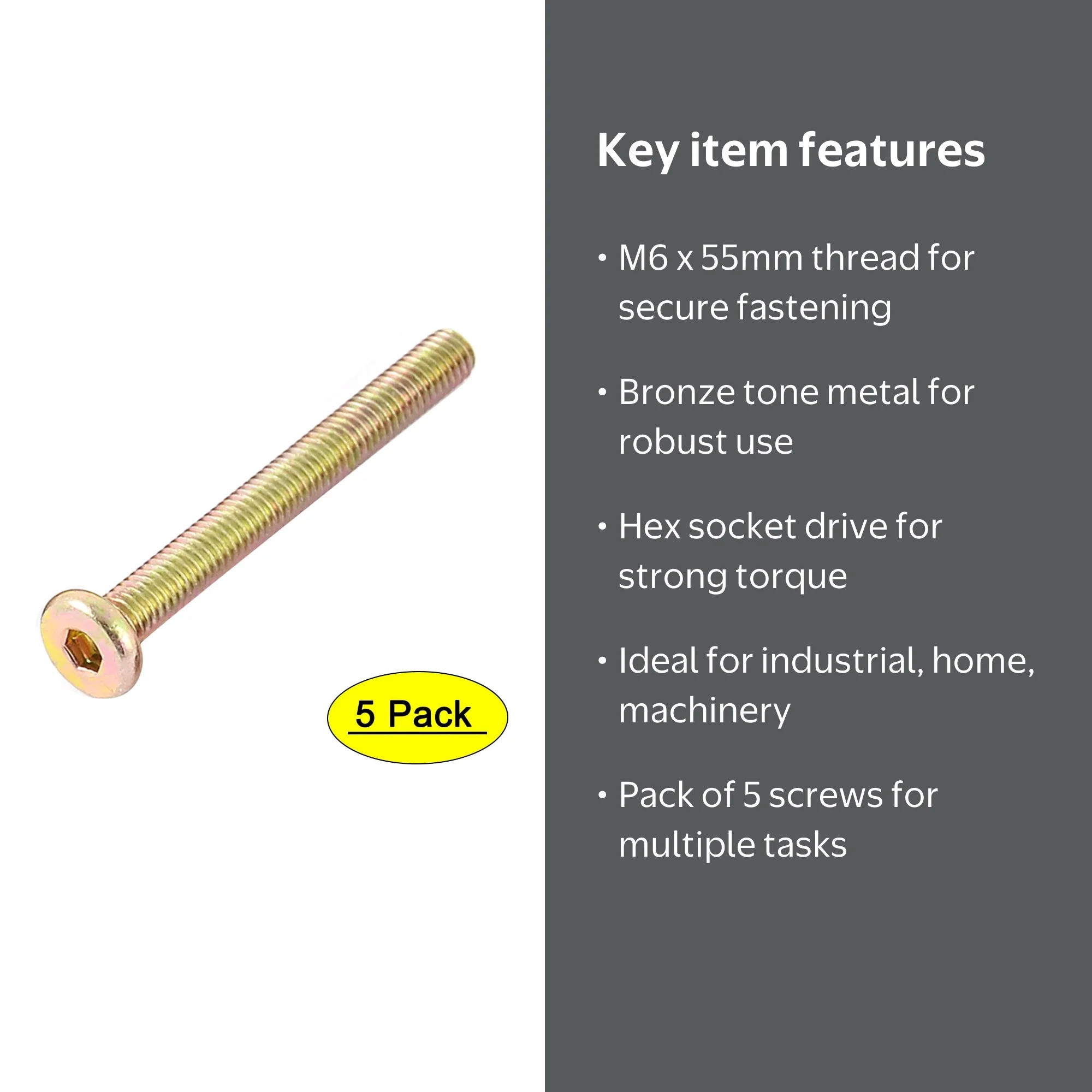 Uxcell M6 x 55mm Male Thread Hex Socket Head Cap Screw Bolt Bronze