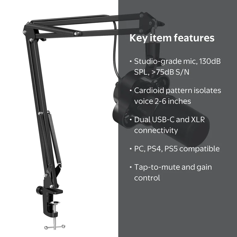 FIFINE K688 Podcast Microphone with Boom Arm Stand, Clear Voice