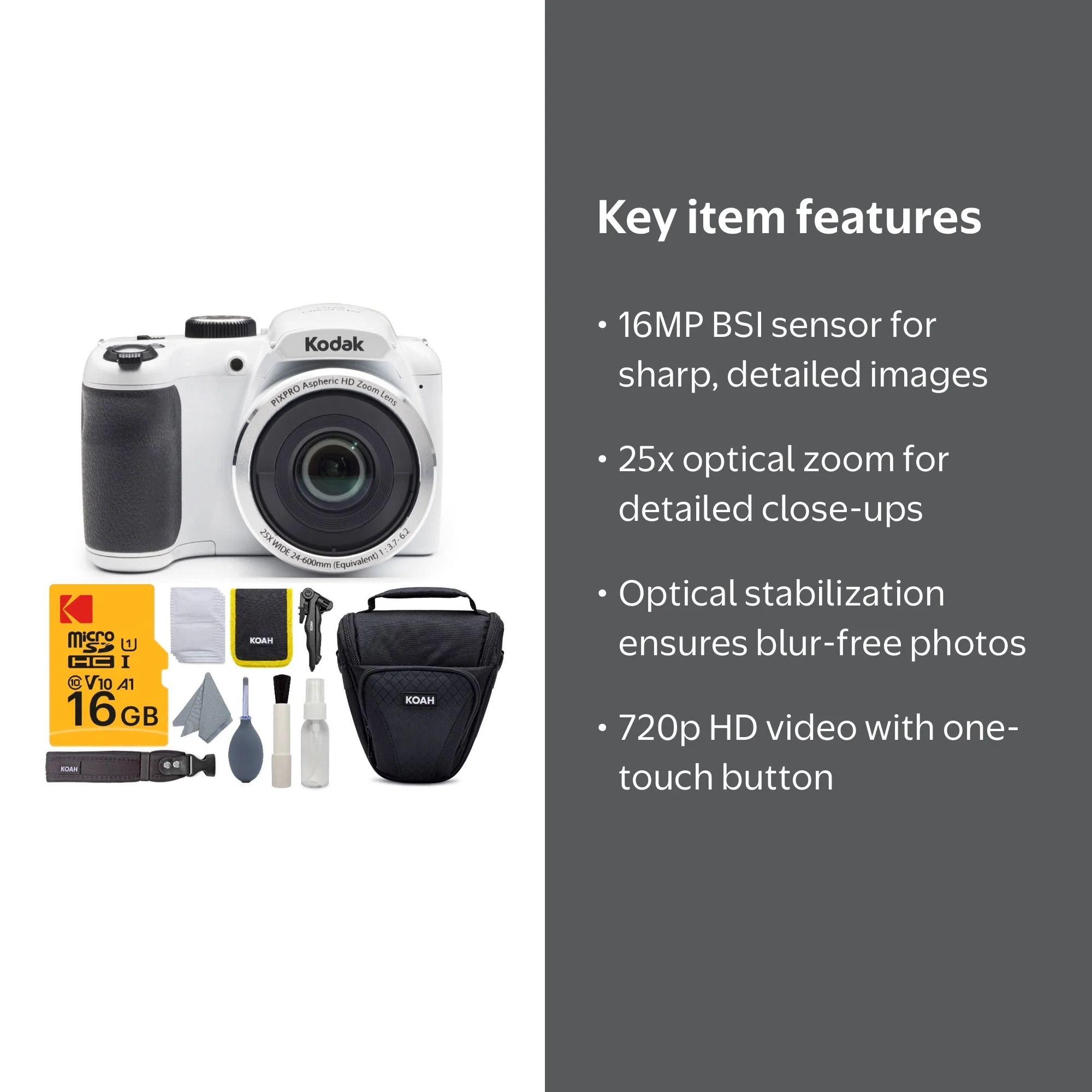 Kodak PIXPRO AZ252 16MP Camera, 25x Zoom, 24mm Lens, 16GB SD