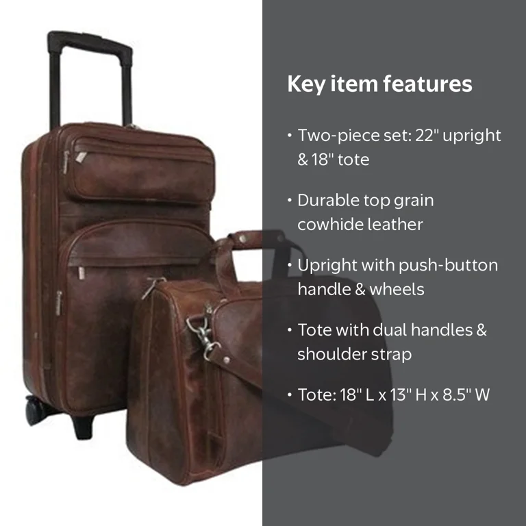 Amerileather Lightweight Leather 2-Piece Suitcase Set with Front Pockets and Carry-on