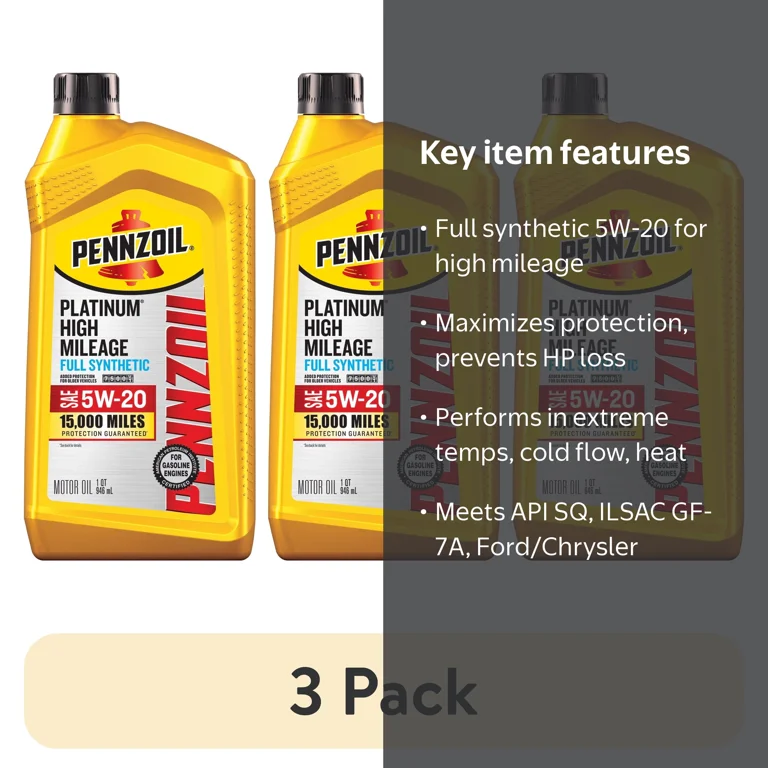 3 pack) Pennzoil Platinum High Mileage Full Synthetic 5W-20 Motor