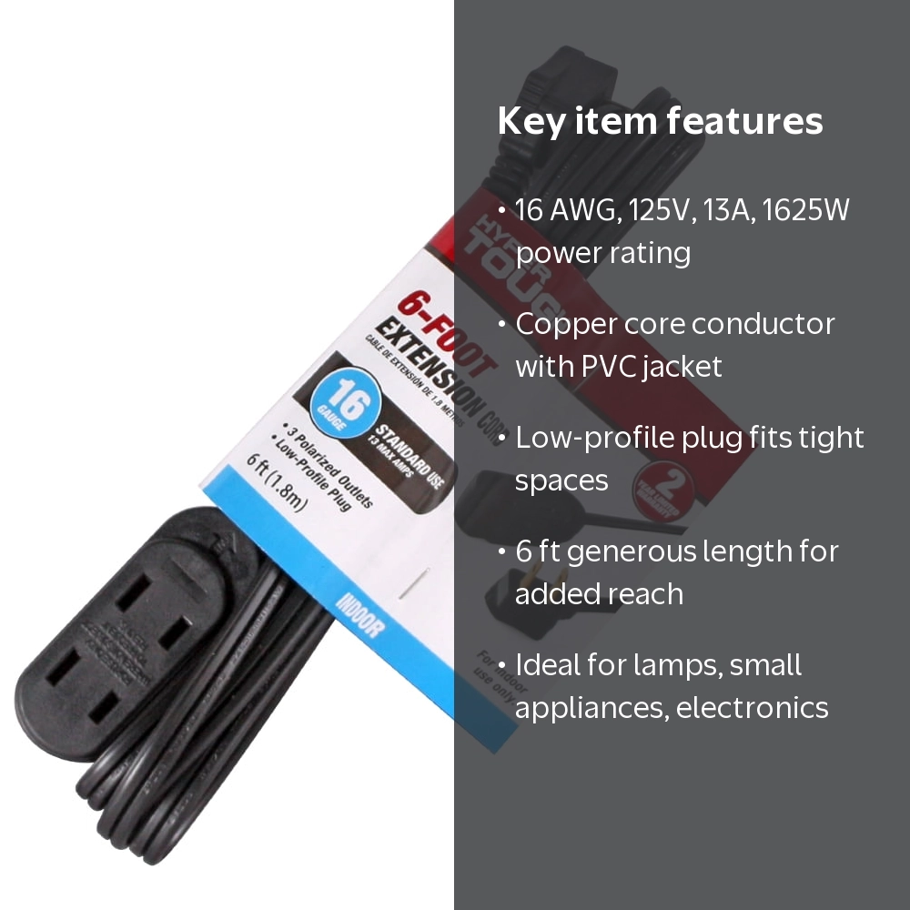 Hyper Tough 6 ft 16 AWG Black Indoor Household Extension Cord