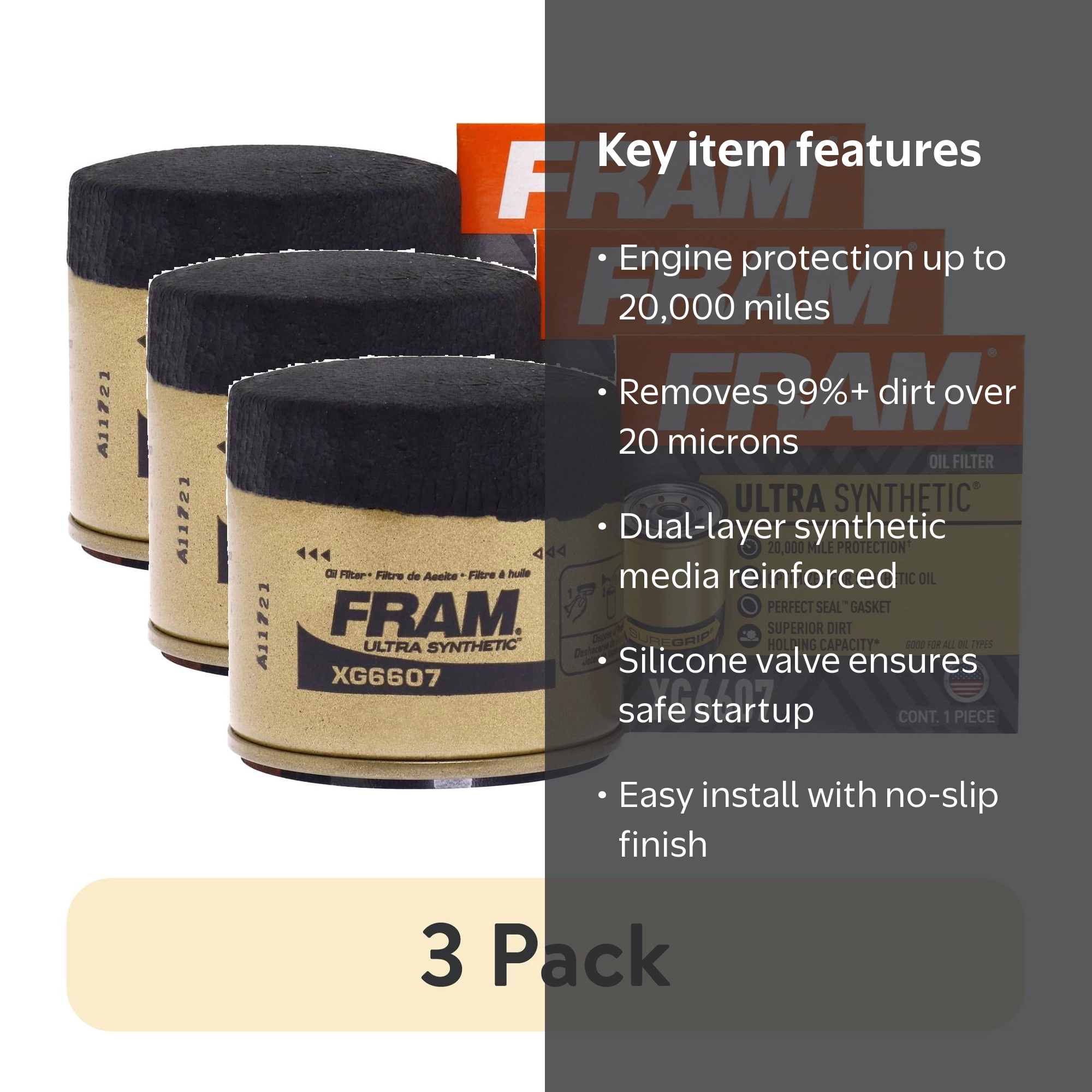 3 pack) FRAM Ultra Synthetic Oil Filter, XG6607, 20K mile