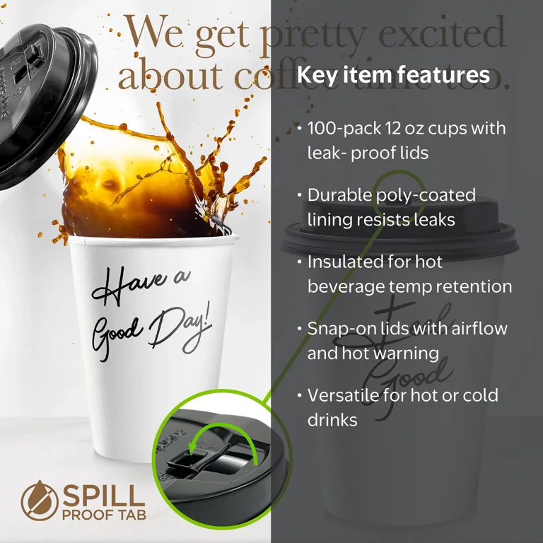 Shop Square Disposable Coffee Cups with Lids 12 oz, 100 Pack, To Go Hot Beverages