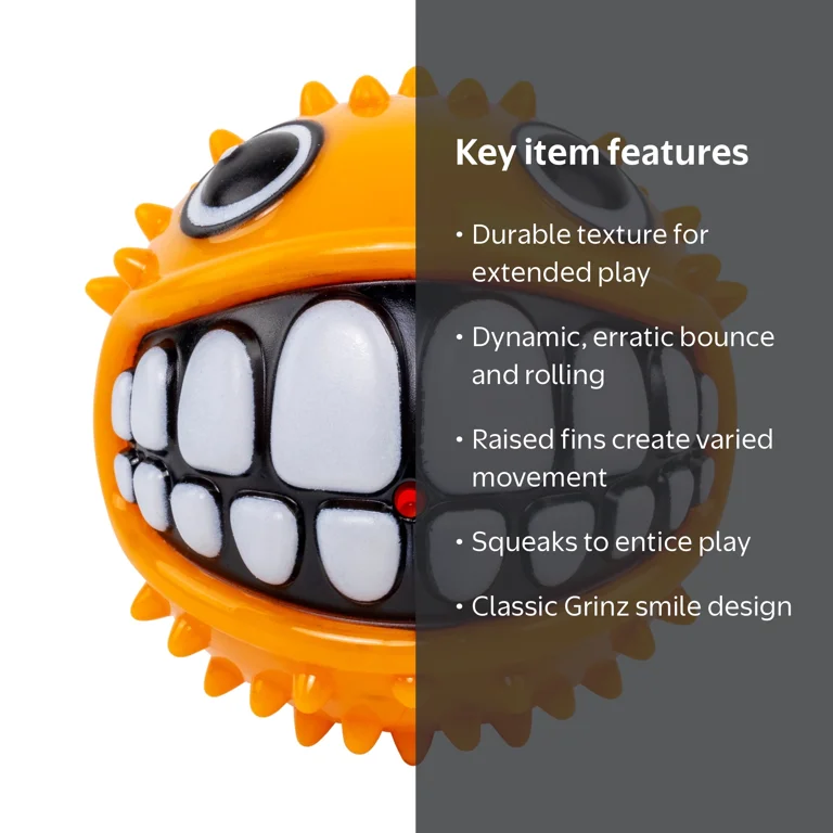 KONG Grinz Puffer Fish Ball Dog Toy, Orange, Rubber, Medium