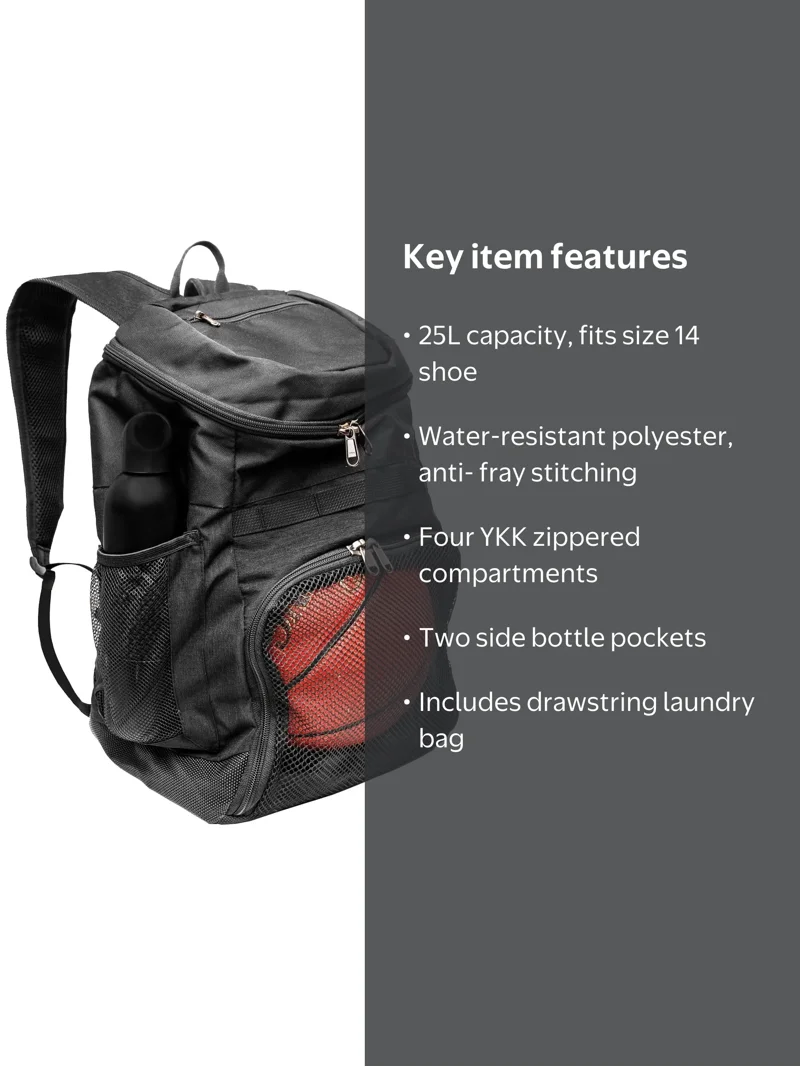 XELFLY, Basketball Backpack with Ball Compartment, 25L, Black