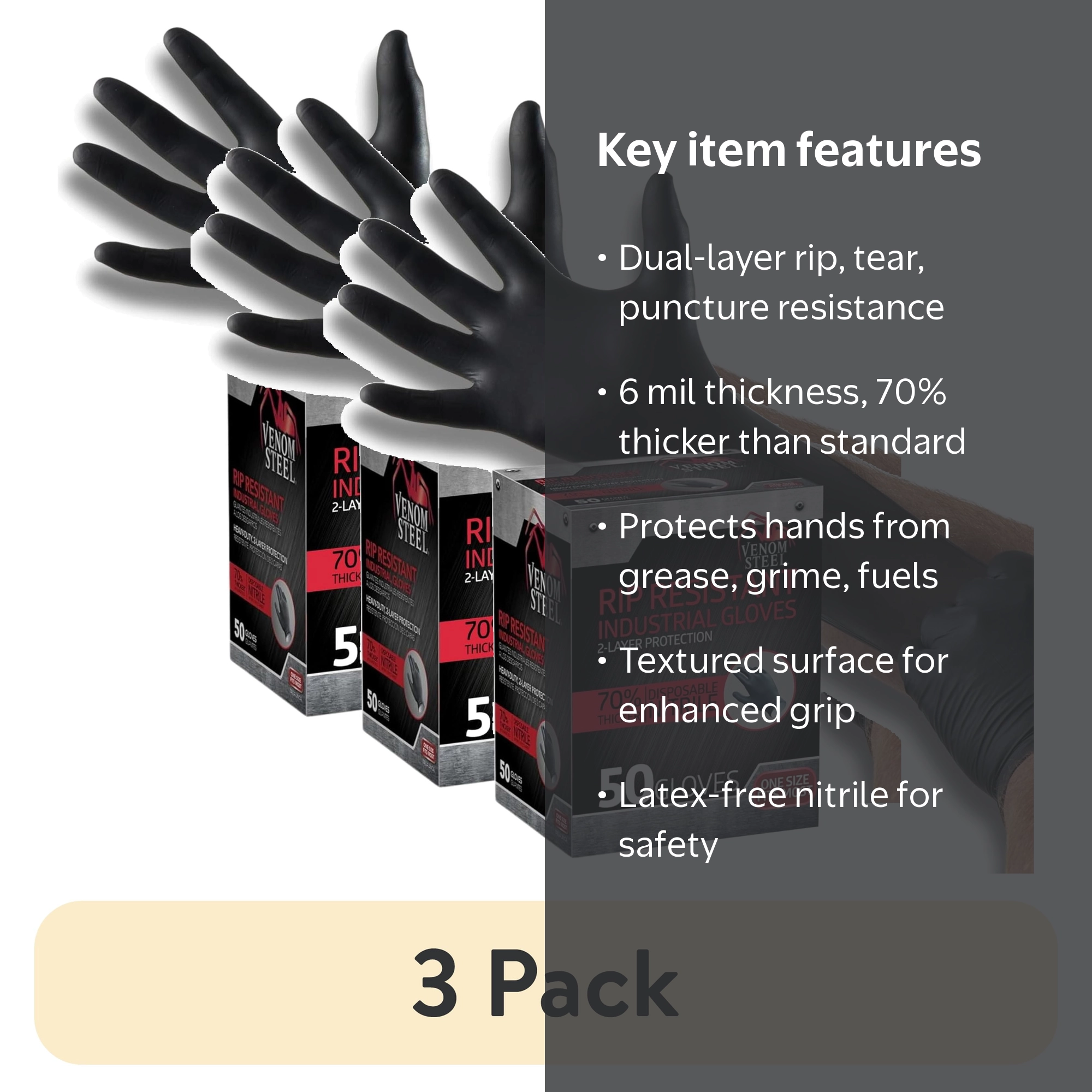 3 pack) Venom Steel Premium Industrial Nitrile Gloves, One Size