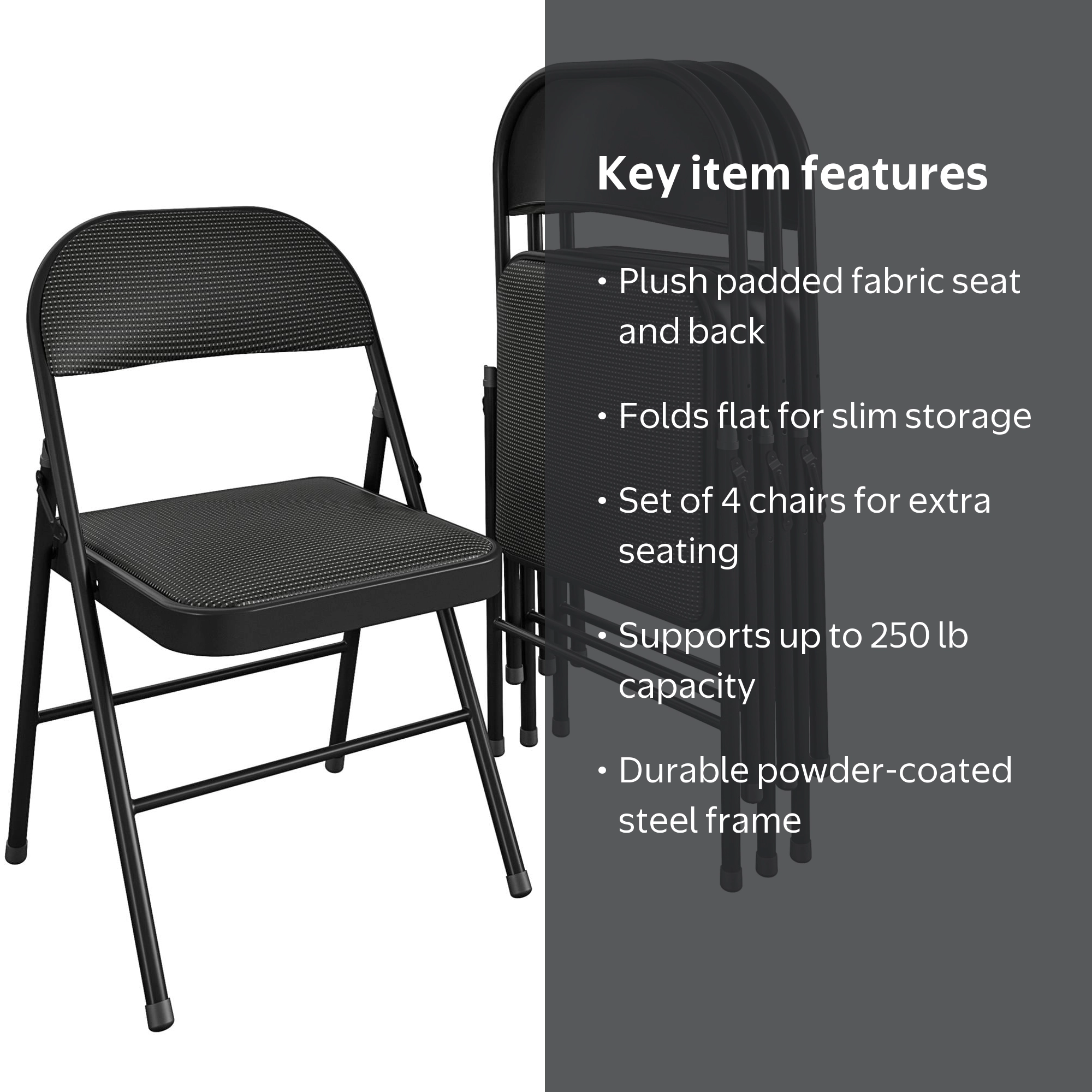 Mainstays Fabric Padded Metal Folding Chair, Black, Set of 4