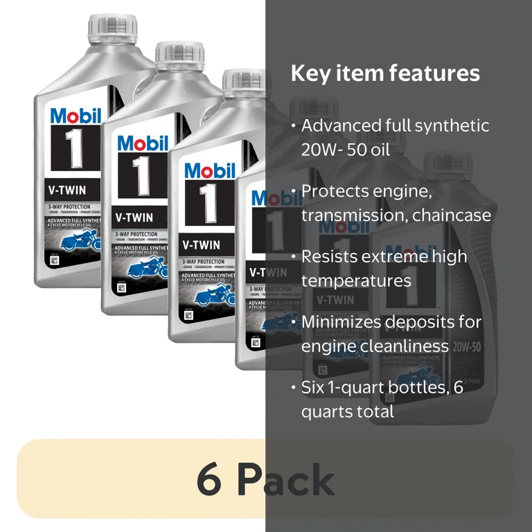 6 pack) Mobil 1 V-Twin Full Synthetic Motorcycle Oil 20W-50, 1