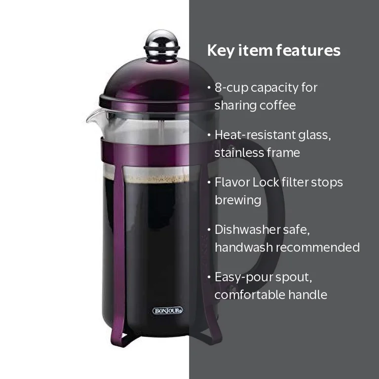 BonJour Coffee 8-Cup Maximus French Press, Purple, Stainless Steel