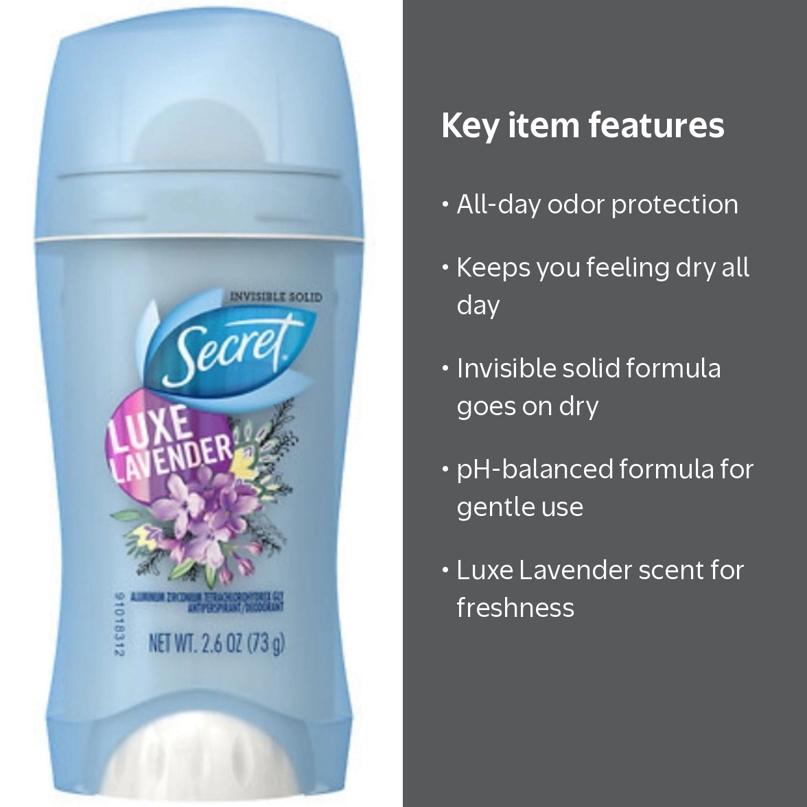 Secret, Invisible Solid Deodorant, 2.6 oz, Luxe Lavender Pack of 2