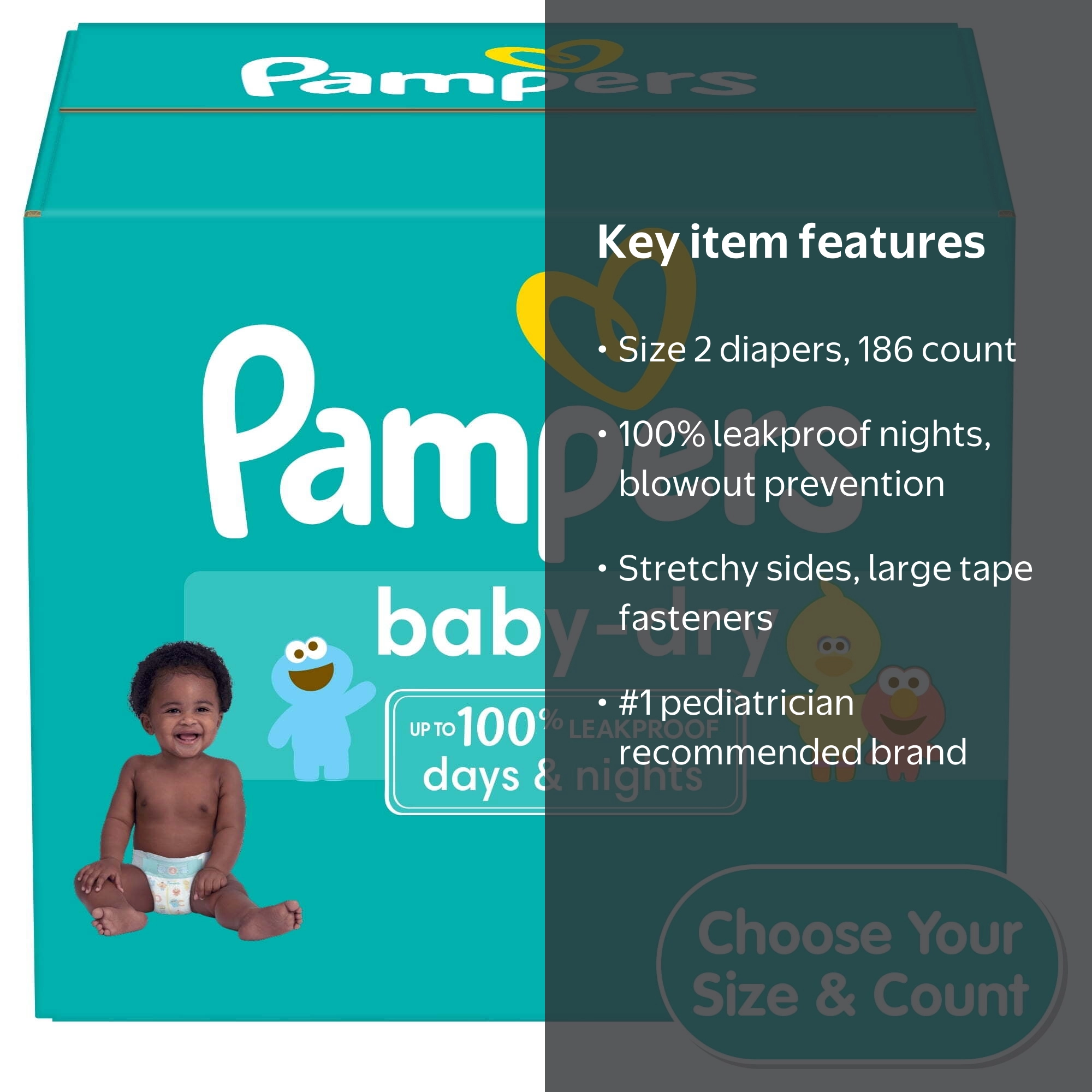 Pampers Baby Dry Diapers Size 2, 186 ct, Leakproof Nighttime