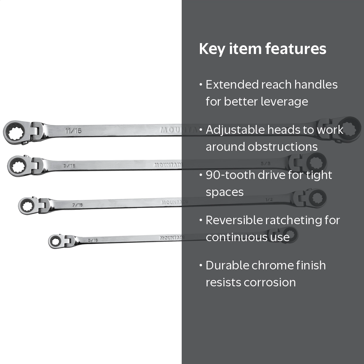 Mountain, Extra Long Flexible Ratcheting Wrench Set 90 Tooth with