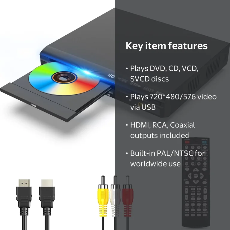 Wonnie DVD Player for TV, HDMI and AV Output, CD Disc Player, USB
