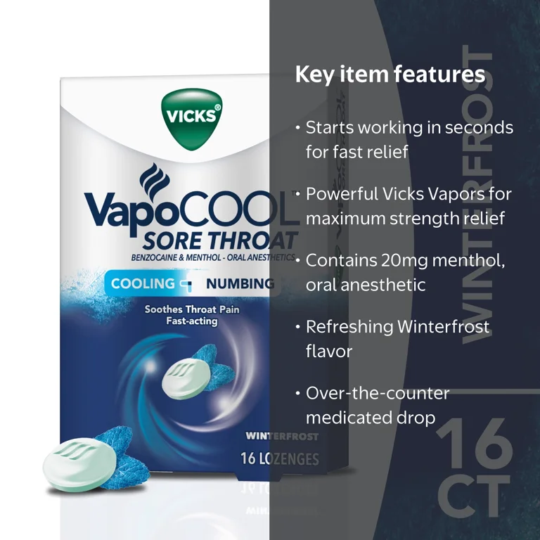 Vicks VapoCool Sore Throat Drops With Benzocaine & Menthol, Over