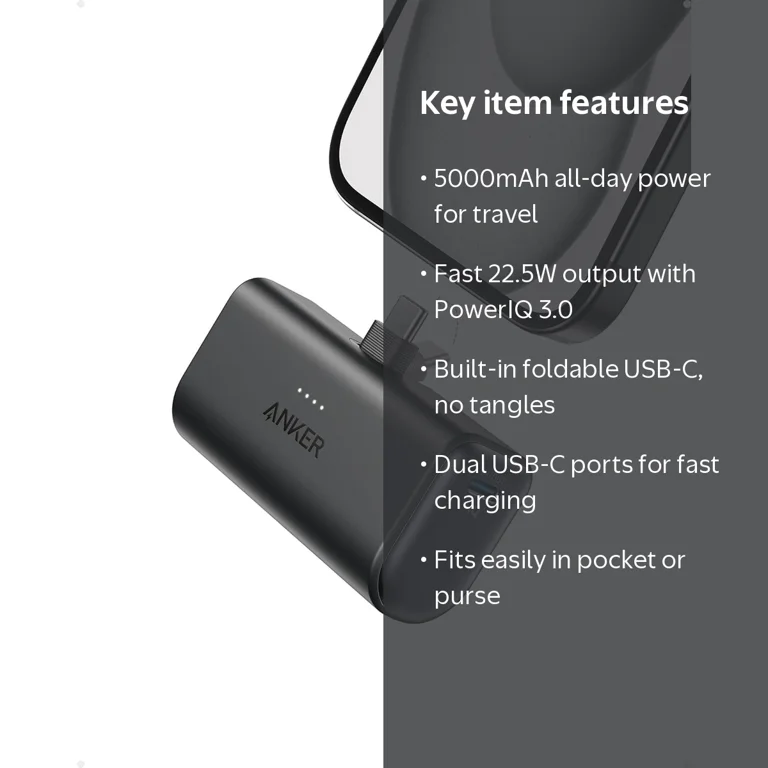 Anker Nano Power Bank, 5,000mAh, 22.5W, Built-In Foldable USB-C Anker Nano Power Bank, 5,000mAh, 22.5W, Built-In Foldable USB-C