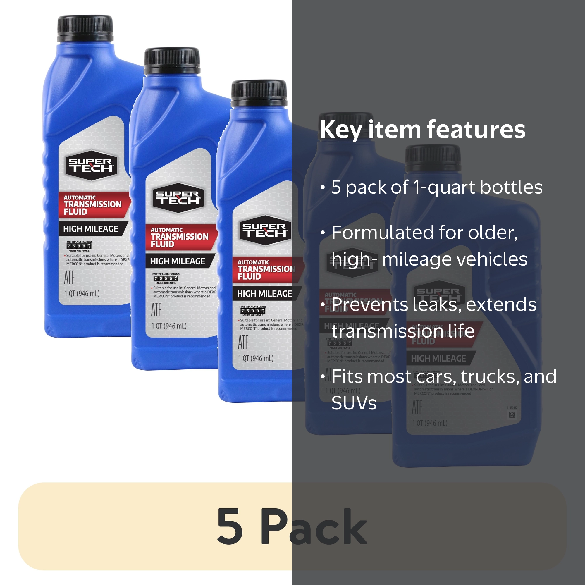 5 pack) Super Tech High Mileage Automatic Transmission Fluid, 1