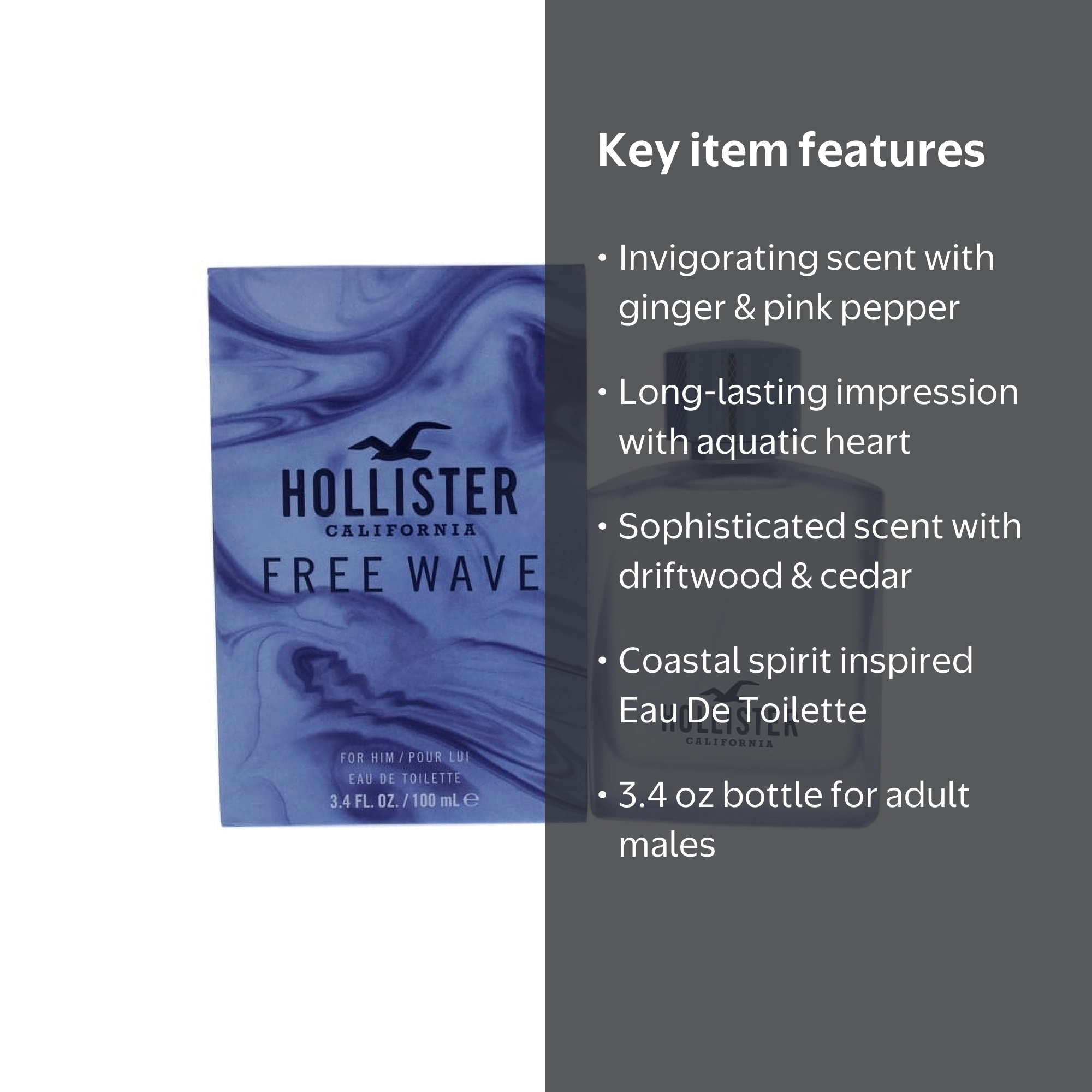 Hollister, Men's Free Wave EDT, 3.4 oz, Aquatic Fruity Fresh